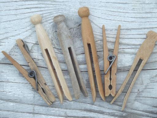 photo of vintage wood clothespins in old cotton clothespin bag for laundry room or wash line #5