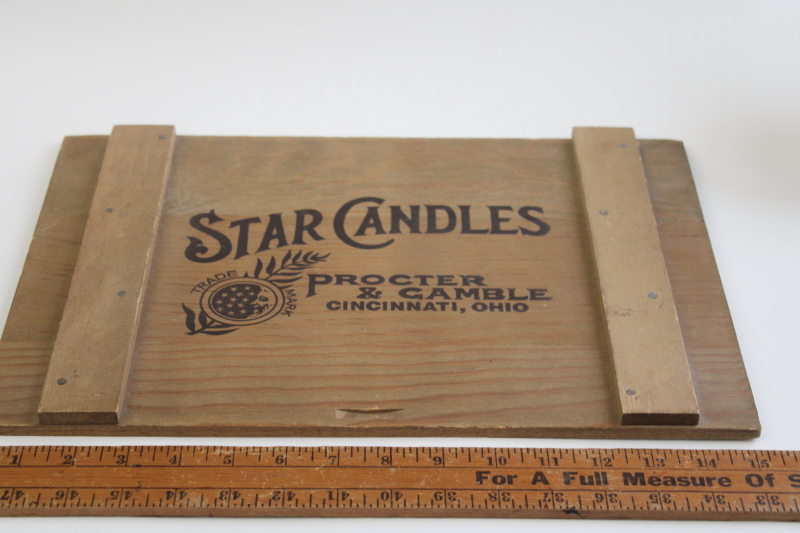 photo of vintage wood crate lid advertising P_G Proctor Gamble Star Candles, primitive decor sign board #4