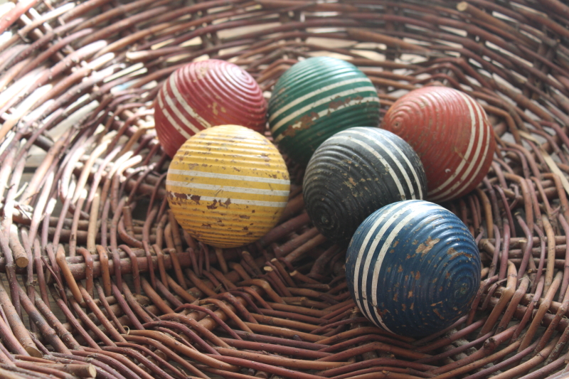 photo of vintage wood croquet balls, set of six different colors w/ primitive worn old paint #1