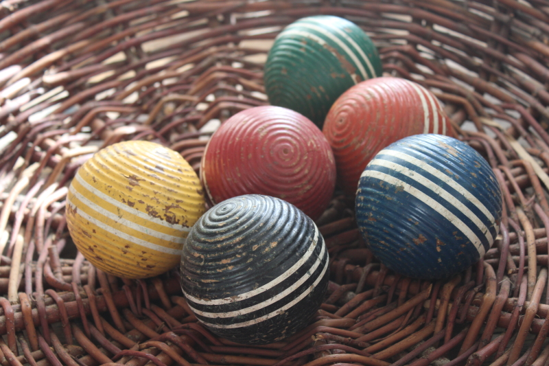 photo of vintage wood croquet balls, set of six different colors w/ primitive worn old paint #5