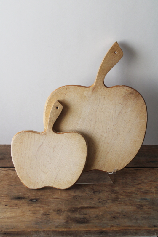 photo of vintage wood cutting boards, large & small apple shaped bread boards french country primitives  #1