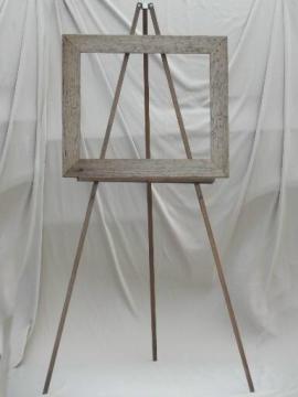 catalog photo of vintage wood easel display stand w/ weathered rustic barn wood sign frame