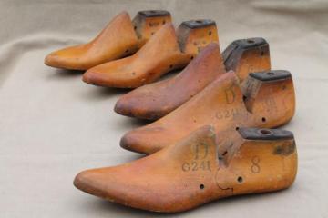catalog photo of vintage wood feet, wooden foot shoe stretchers or cobbler's lasts for shoemaking