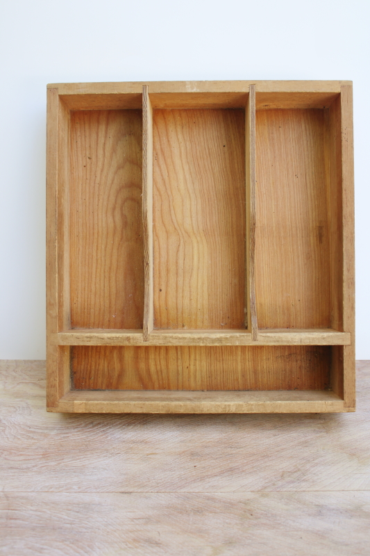 photo of vintage wood flatware tray w/ organizer compartments, sections for utensils #1