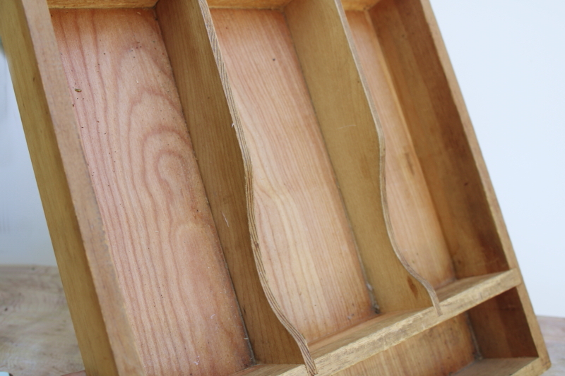 photo of vintage wood flatware tray w/ organizer compartments, sections for utensils #2