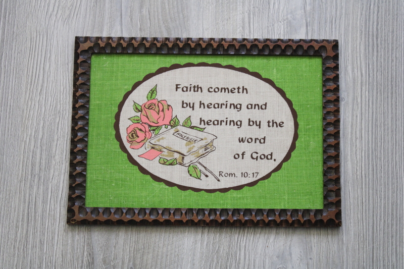 photo of vintage wood frame inspirational print Romans 10 17 Faith Cometh green & pink linen motto #1