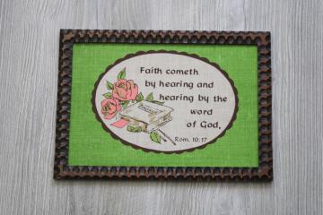 catalog photo of vintage wood frame inspirational print Romans 10 17 Faith Cometh green & pink linen motto