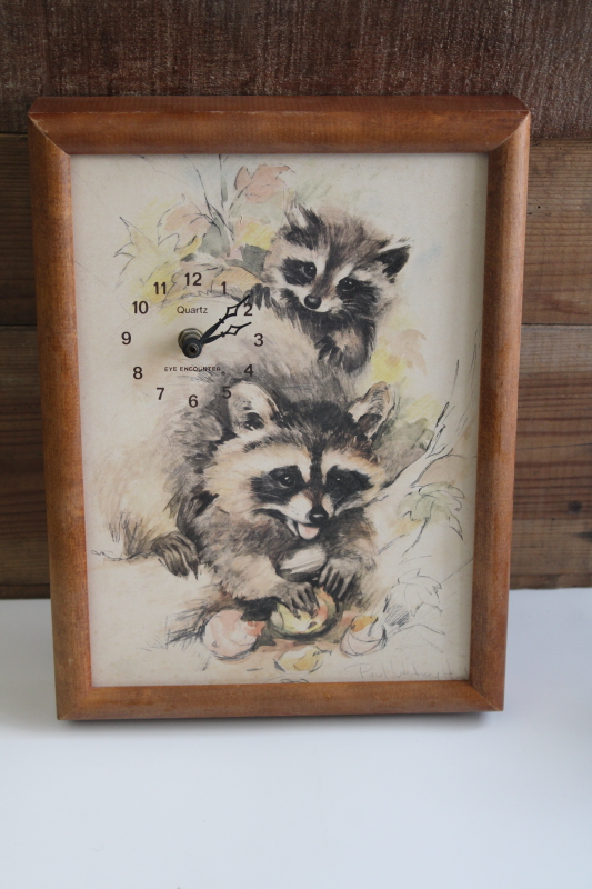 photo of vintage wood framed wall clock Raccoons, 70s vintage Paul Whitney Hunter art print #1