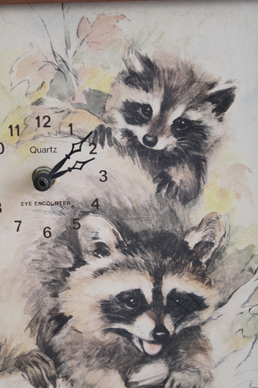 photo of vintage wood framed wall clock Raccoons, 70s vintage Paul Whitney Hunter art print #2