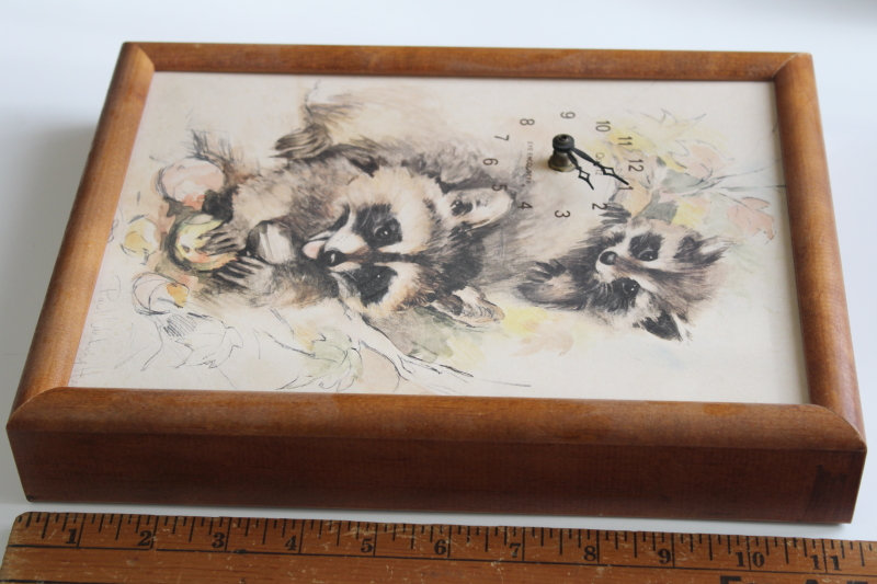 photo of vintage wood framed wall clock Raccoons, 70s vintage Paul Whitney Hunter art print #6