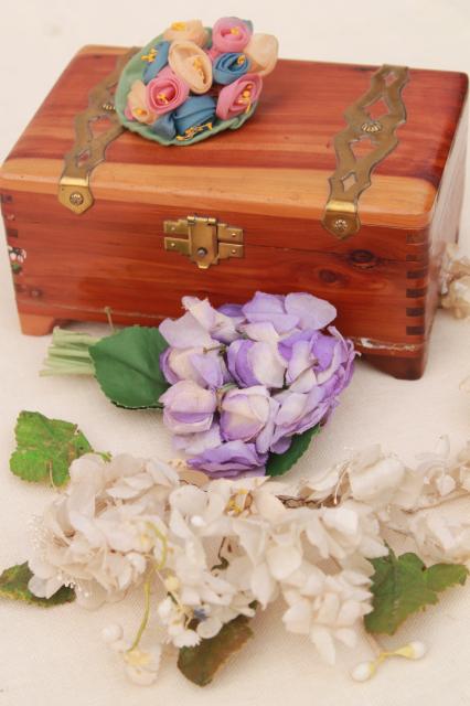 photo of vintage wood glove box of old corsage flowers, bunches of silk flowers  #1