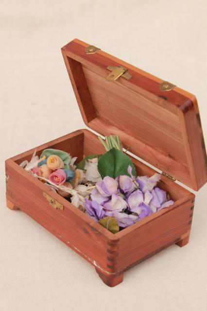 photo of vintage wood glove box of old corsage flowers, bunches of silk flowers  #5