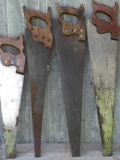 photo of vintage wood hand saws, old Superior handsaw lot of primitive hand tools #1