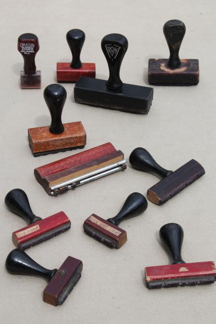 photo of vintage wood handle desk stamps, old rubber stamp lot for business office / address stamps #1