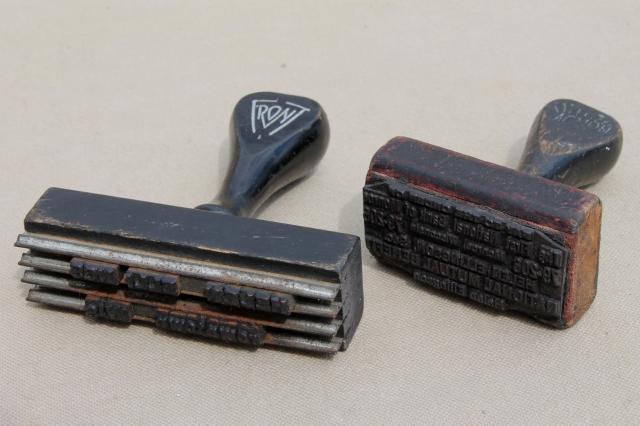 photo of vintage wood handle desk stamps, old rubber stamp lot for business office / address stamps #3