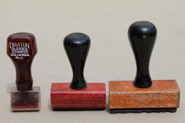 photo of vintage wood handle desk stamps, old rubber stamp lot for business office / address stamps #5