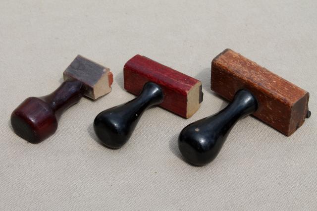 photo of vintage wood handle desk stamps, old rubber stamp lot for business office / address stamps #7