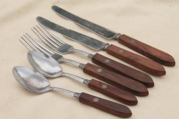 catalog photo of vintage wood handled flatware, picnic basket silverware spoons, forks, knives