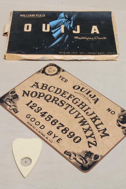 photo of vintage wood hardboard Ouija board & planchette w/ original William Fuld game box #1