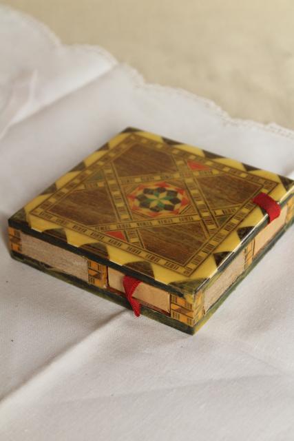 photo of vintage wood inlay match boxes, match striker holder inlaid bone & straw marquetry #2