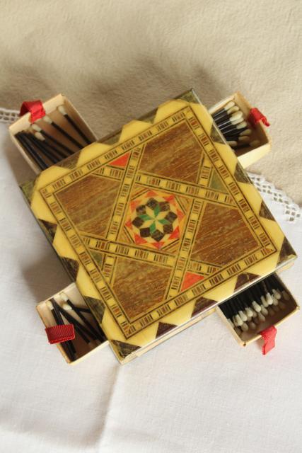 photo of vintage wood inlay match boxes, match striker holder inlaid bone & straw marquetry #4