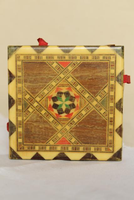 photo of vintage wood inlay match boxes, match striker holder inlaid bone & straw marquetry #5