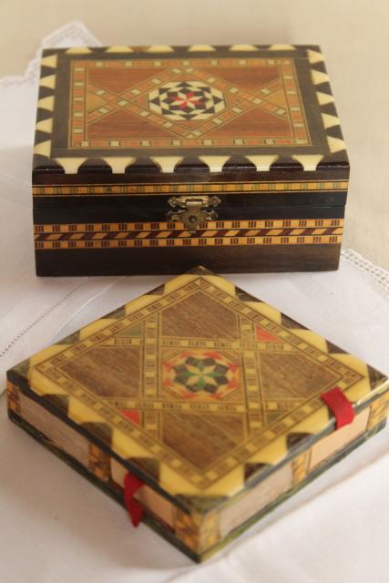 photo of vintage wood inlay match boxes, match striker holder inlaid bone & straw marquetry #8