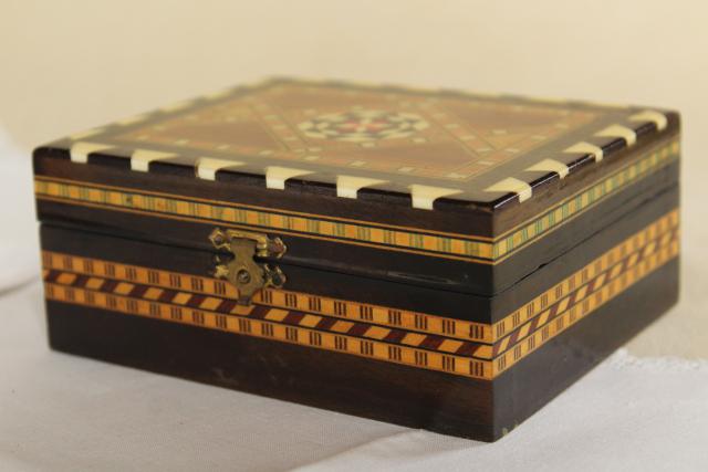 photo of vintage wood inlay match boxes, match striker holder inlaid bone & straw marquetry #9