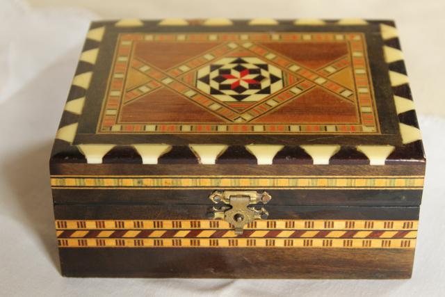 photo of vintage wood inlay match boxes, match striker holder inlaid bone & straw marquetry #10