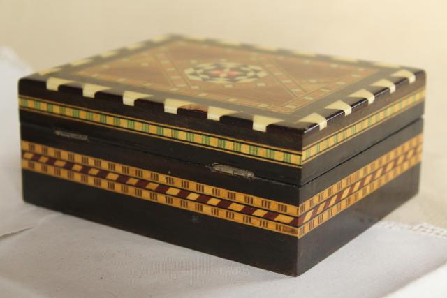 photo of vintage wood inlay match boxes, match striker holder inlaid bone & straw marquetry #12