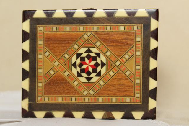 photo of vintage wood inlay match boxes, match striker holder inlaid bone & straw marquetry #13