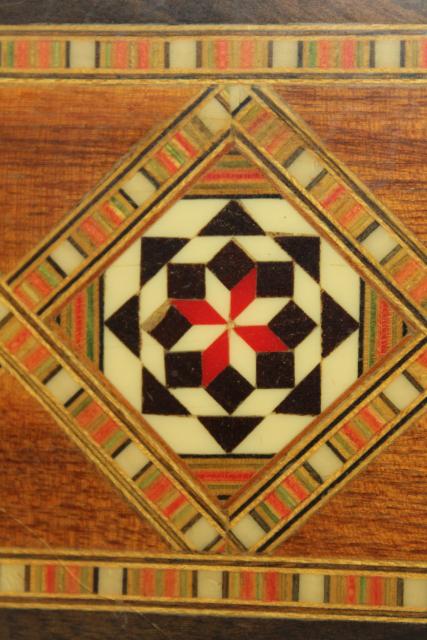 photo of vintage wood inlay match boxes, match striker holder inlaid bone & straw marquetry #14