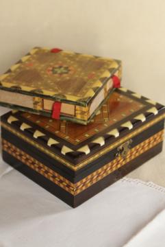 catalog photo of vintage wood inlay match boxes, match striker holder inlaid bone & straw marquetry