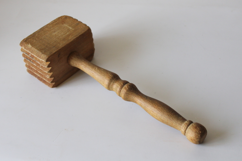 photo of vintage wood kitchen mallet meat tenderizer hammer, primitive tool w/ turned wood handle #2