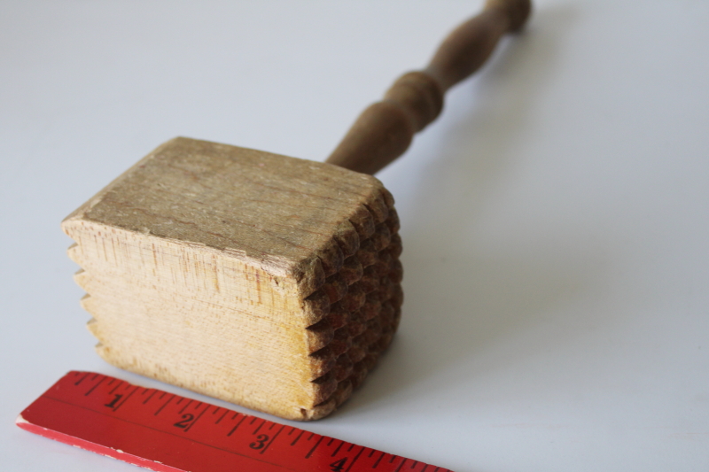 photo of vintage wood kitchen mallet meat tenderizer hammer, primitive tool w/ turned wood handle #3