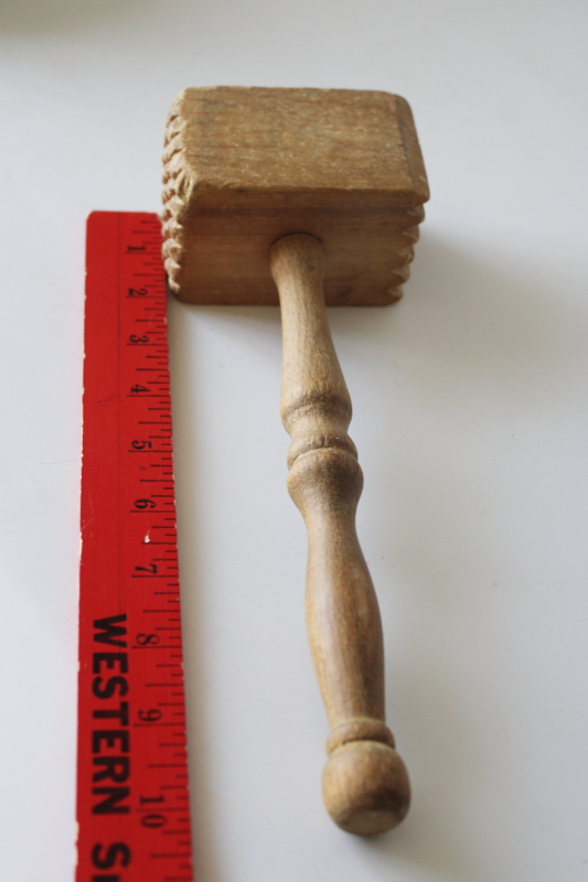 photo of vintage wood kitchen mallet meat tenderizer hammer, primitive tool w/ turned wood handle #4