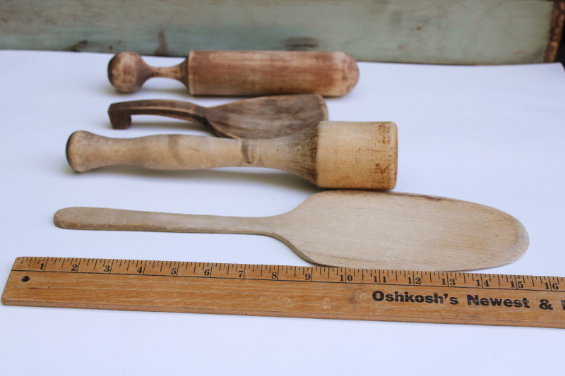 photo of vintage wood kitchen tools lot, primitive wooden masher, pestle, butter scoop, paddle spoon #2