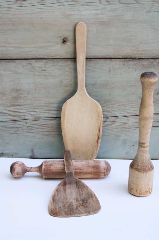 photo of vintage wood kitchen tools lot, primitive wooden masher, pestle, butter scoop, paddle spoon #3