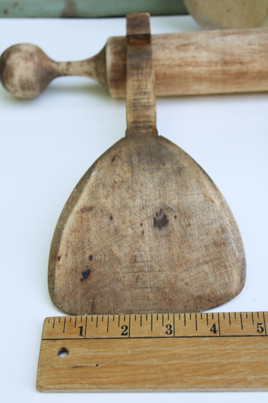 photo of vintage wood kitchen tools lot, primitive wooden masher, pestle, butter scoop, paddle spoon #4