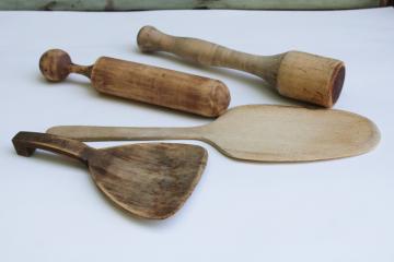 vintage wood kitchen tools lot, primitive wooden masher, pestle, butter scoop, paddle spoon 