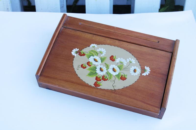 photo of vintage wood lap desk, writing or art box w/ hand painted strawberries cottage style #1