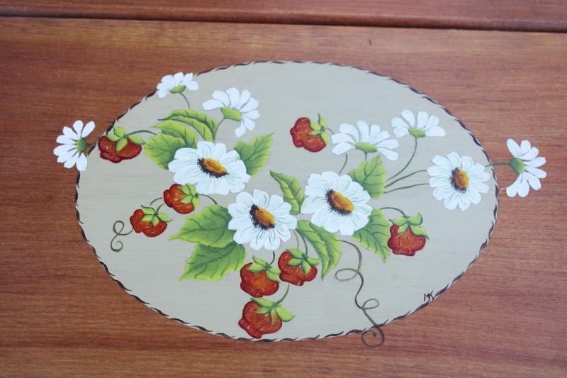 photo of vintage wood lap desk, writing or art box w/ hand painted strawberries cottage style #2