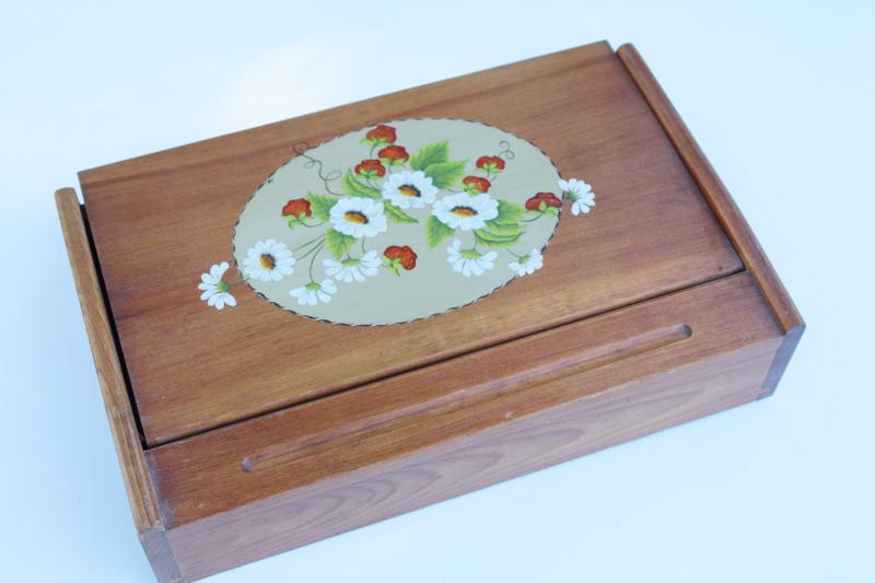 photo of vintage wood lap desk, writing or art box w/ hand painted strawberries cottage style #4