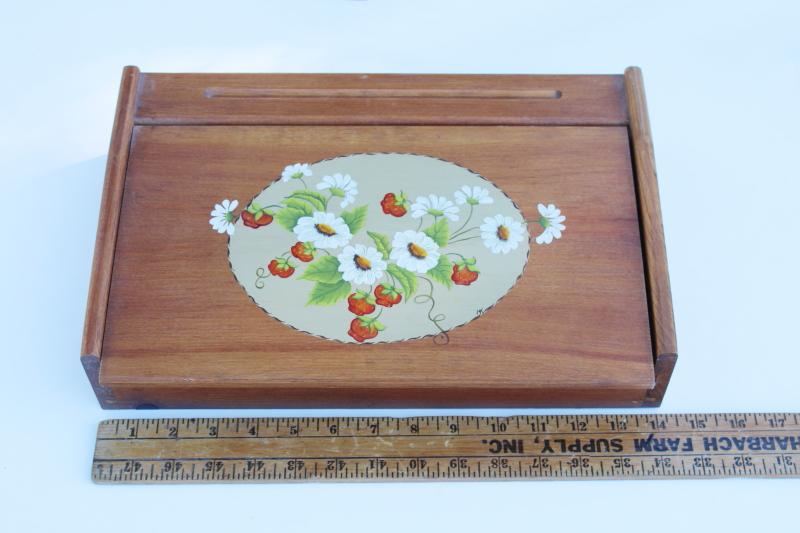 photo of vintage wood lap desk, writing or art box w/ hand painted strawberries cottage style #5