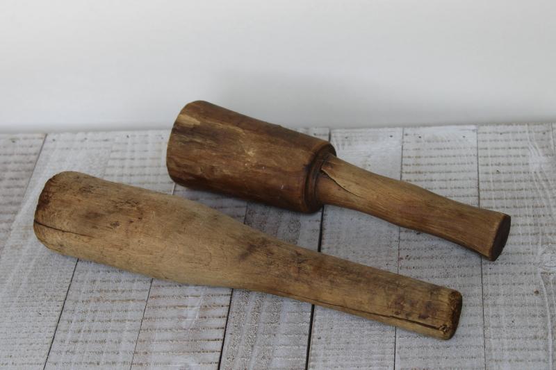 photo of vintage wood mashers, large pestles or crock tampers, rustic primitive kitchen tools #1