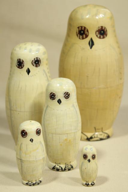 photo of vintage wood matryoshka dolls, nesting figures family of hand painted owls #1