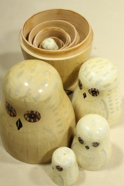 photo of vintage wood matryoshka dolls, nesting figures family of hand painted owls #2