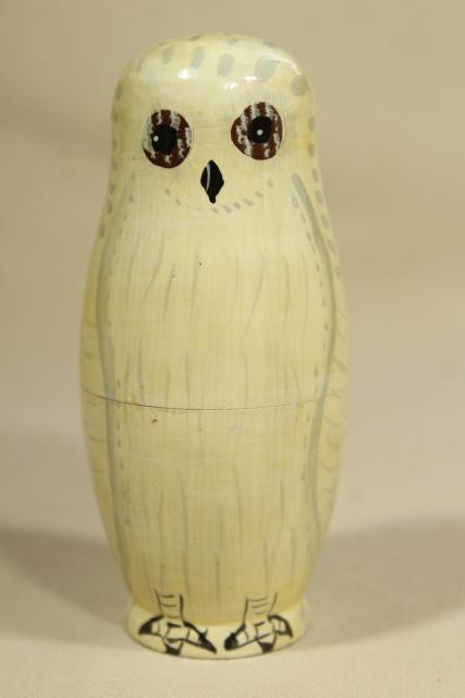 photo of vintage wood matryoshka dolls, nesting figures family of hand painted owls #7