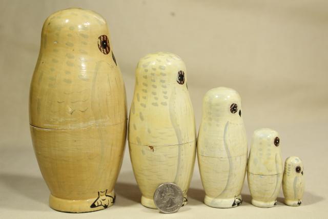 photo of vintage wood matryoshka dolls, nesting figures family of hand painted owls #11