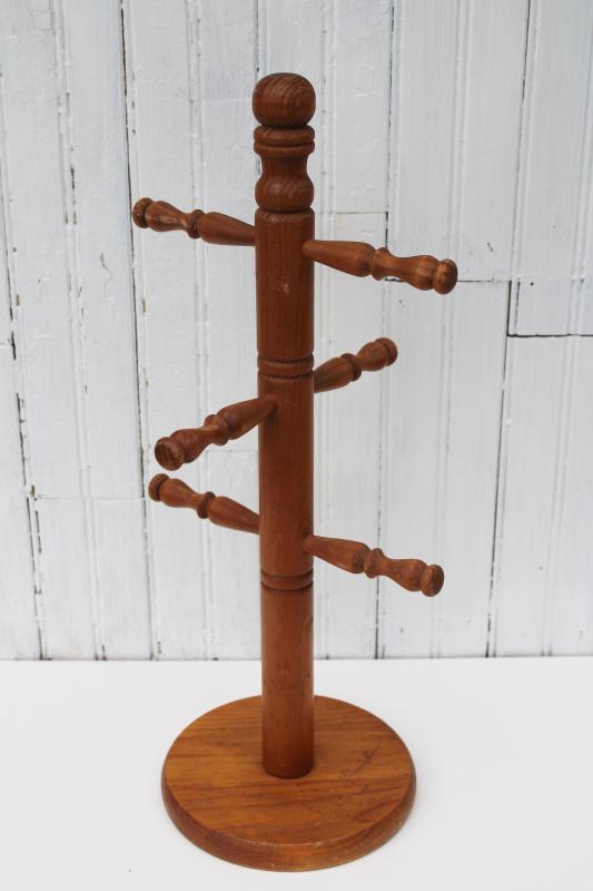 photo of vintage wood mug tree, counter top stand peg rack coffee cup storage & display #1